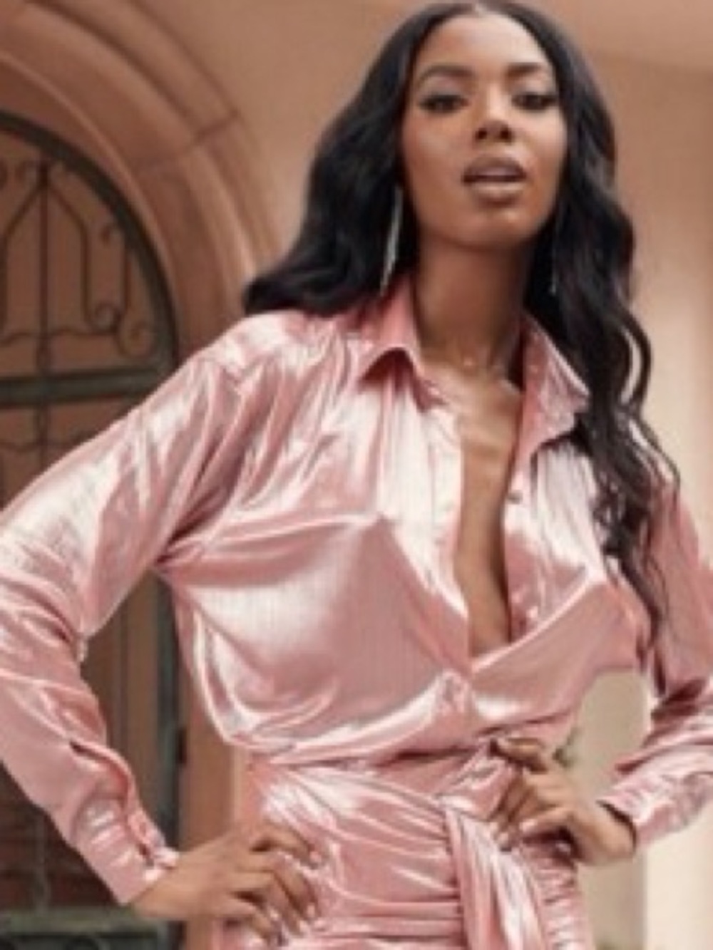 New House of CB Metallic Rose-Blend size small Wrap Shirt Dress